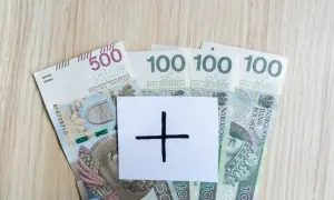 Polskie banknoty 500 i 100 zł. Na białej kartce symbol plusa, sugerujący dodatkowe środki, np. specjalny zasiłek opiekuńczy.