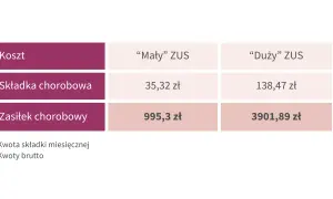 Tabela porównuje koszty "Małego" i "Dużego" ZUS: składkę chorobową i zasiłek chorobowy. Kwoty brutto są tu uposażone.