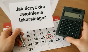 Jak obliczyć wynagrodzenie chorobowe? Kalendarz, kalkulator i notatka z pytaniem pomagają w zrozumieniu zasad.