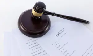 Młotek sędziowski na dokumentach sądowych, w tym na formularzu "LAWSUIT". Może to być związane z wnioskiem o alimenty.
