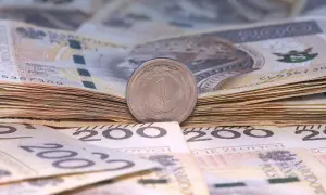 Stos banknotów 200 zł i 100 zł, z monetą 1 zł na wierzchu. Symbolizuje to wynagrodzenie młodocianych, które może być niewielkie na początku kariery.