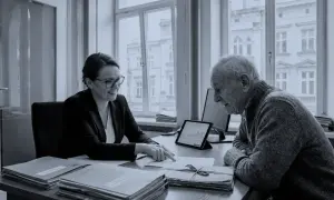 Kobieta w okularach i starszy mężczyzna analizują dokumenty przy biurku. Na tablecie wykres, obok stosy papierów. To może być kazus co to znaczy dla ich przyszłości.
