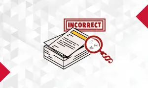 Stos dokumentów, lupa z ikonami domu, pieniędzy i samochodu, oraz napis "INCORRECT" wskazują na błąd w oświadczeniu majątkowym.
