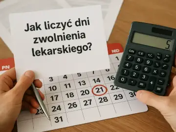 Jak obliczyć wynagrodzenie chorobowe? Kalendarz, kalkulator i notatka z pytaniem pomagają w zrozumieniu zasad.