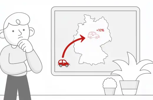 Zastanawiający mężczyzna patrzy na mapę Niemiec z czerwoną strzałką i ikoną samochodu, sugerującą wzrost o 10%. Może to być wizualizacja wpływu akcyzy na ceny paliw.