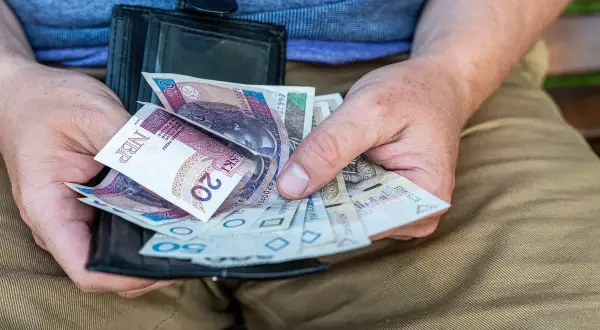 Dłonie trzymają portfel z polskimi banknotami. Ile trzeba przepracować na 13 pensję?