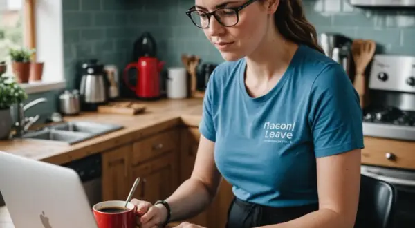 Kobieta w kuchni szuka informacji, czy urlop wychowawczy jest płatny. Na ekranie laptopa widać logo "Mason Leave".