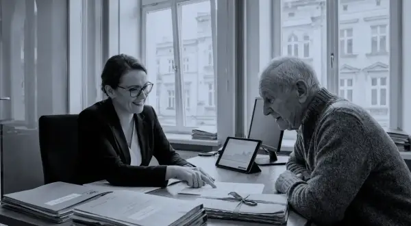 Kobieta w okularach i starszy mężczyzna analizują dokumenty przy biurku. Na tablecie wykres, obok stosy papierów. To może być kazus co to znaczy dla ich przyszłości.