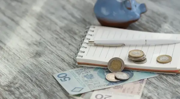 Niebieskowa świnka-skarbonka, notatnik, długopis i polskie banknoty oraz monety. Planowanie wydatków, może na zasiłek okresowy.