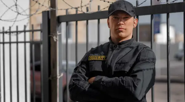 Kwalifikowany pracownik ochrony w czarnej kurtce z naszywką "SECURITY" stoi przy ogrodzeniu z drutem kolczastym.