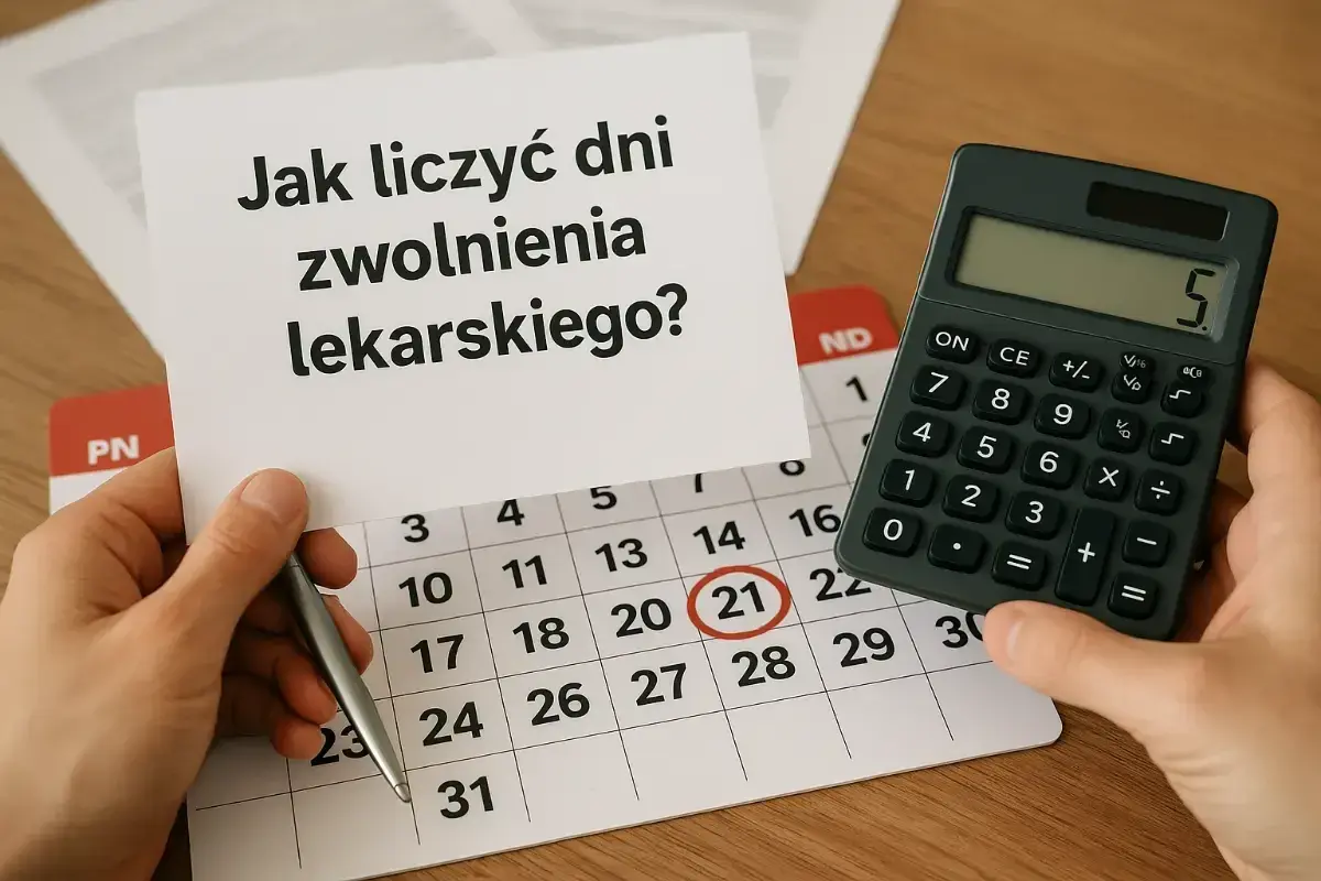 Jak obliczyć wynagrodzenie chorobowe? Kalendarz, kalkulator i notatka z pytaniem pomagają w zrozumieniu zasad.