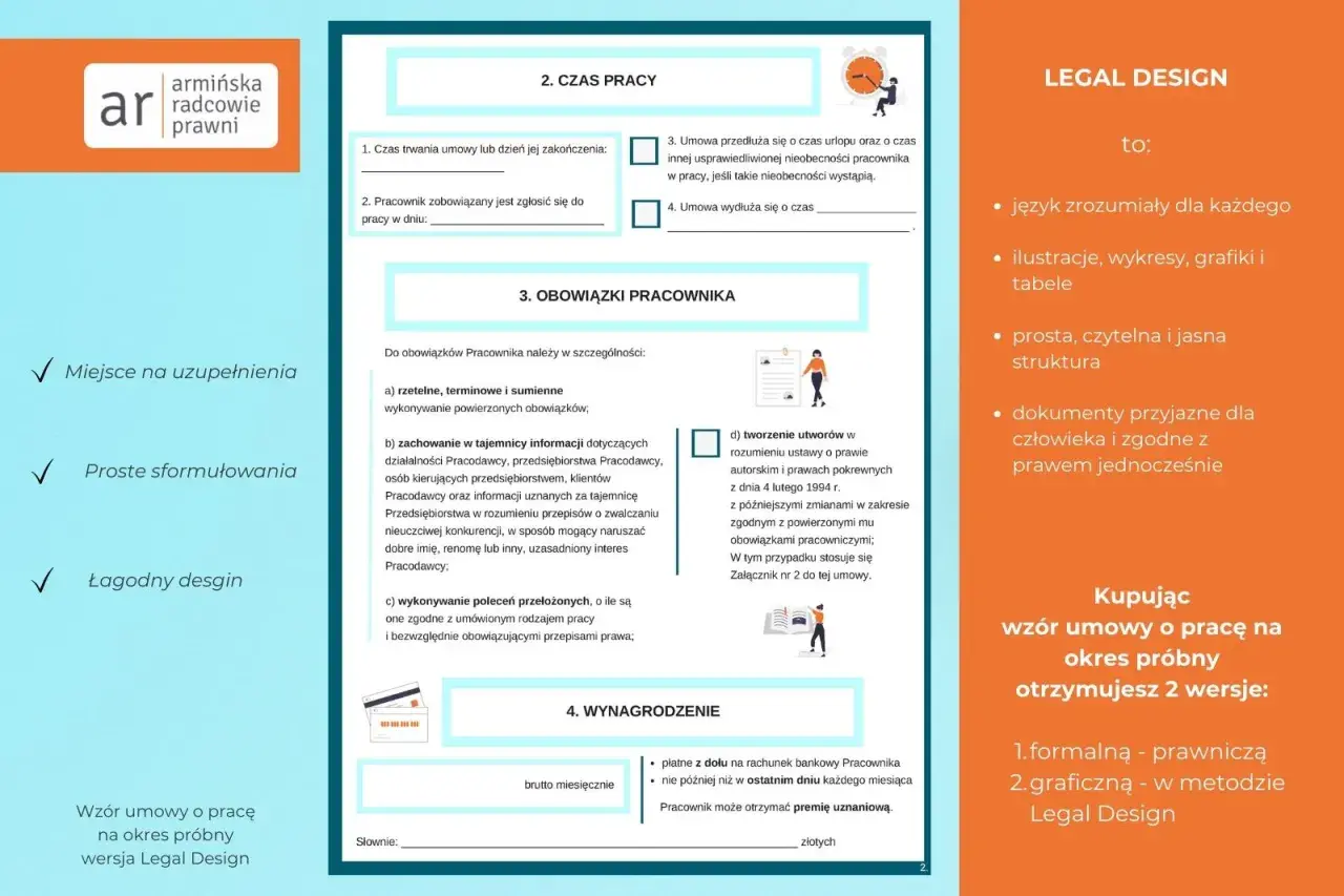 Wzór umowy o pracę na okres próbny z czytelnymi punktami i wskazówkami.