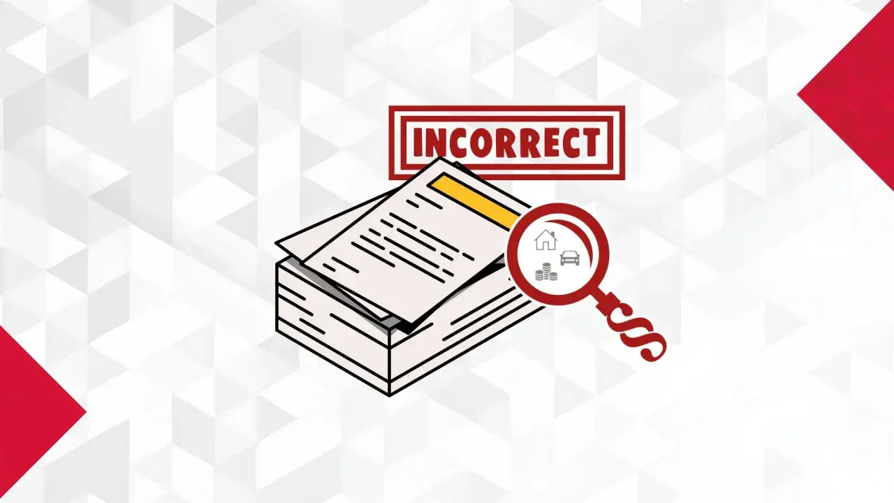 Stos dokumentów, lupa z ikonami domu, pieniędzy i samochodu, oraz napis "INCORRECT" wskazują na błąd w oświadczeniu majątkowym.