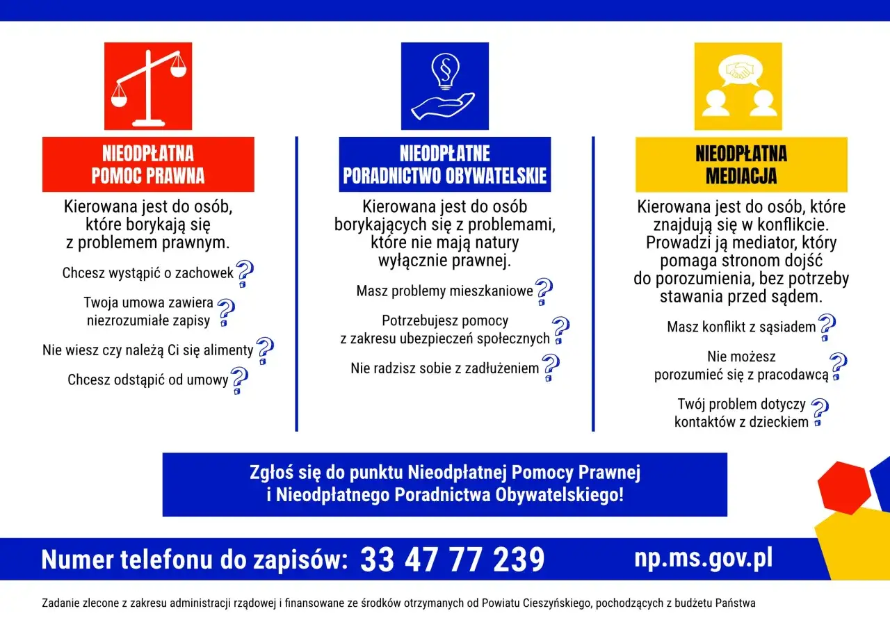 Trzy rodzaje niepełnosprawności: pomoc prawna, poradnictwo obywatelskie i mediacja. Informacje o tym, kto może skorzystać z pomocy i w jakich sprawach.