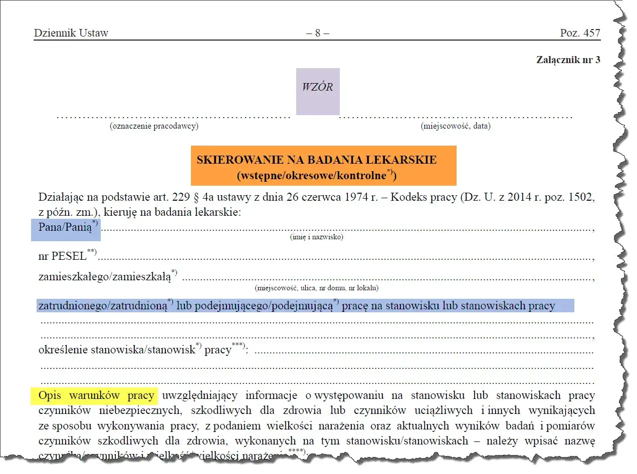Skierowanie na badania lekarskie (wstępne/okresowe/kontrolne) dla zatrudnionego/zatrudnionej. Dokument zawiera dane pracownika i opis warunków pracy.